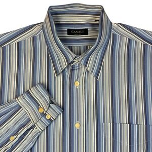 Canali Blue Striped Dress Shirt Mens XL 16.5 Spread Collar Italy Corpcore